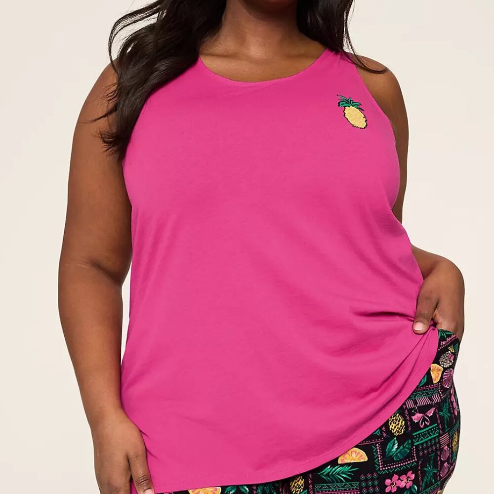 Cacique Tank Top 14/16 Pink Pineapple Sleep Tee T-Shirt Scoop Neck Racerback New